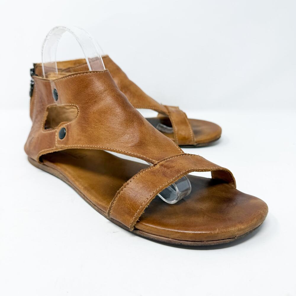 Bed Stu Cognac Leather Flat Gladiator Sandals Size 9.5 Back Zip Made in Mexico